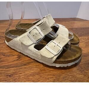 Birkenstock Arizona Suede Soft Footbed Sandals – Antique White – Size 37